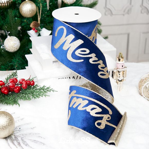 Christmas Velvet Wired Ribbon 4" Blue & Gold Merry Christmas 10 Yds - Picture 1 of 7